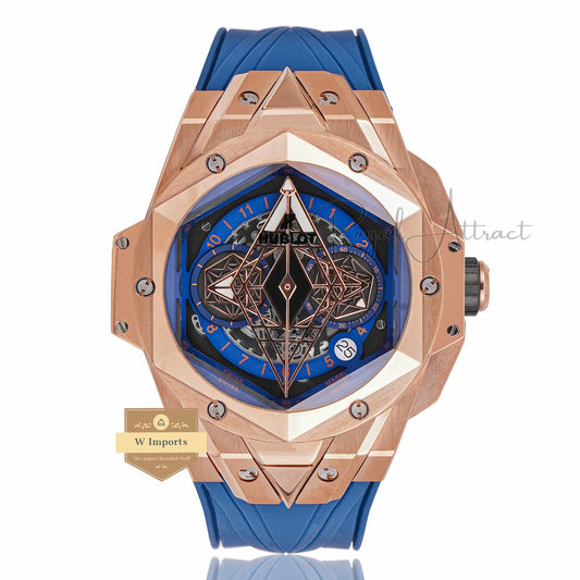 LATEST COLLECTION CHRONOGRAPH ROSE GOLD CASE WITH BLUE DIAL & RUBBER STRAP