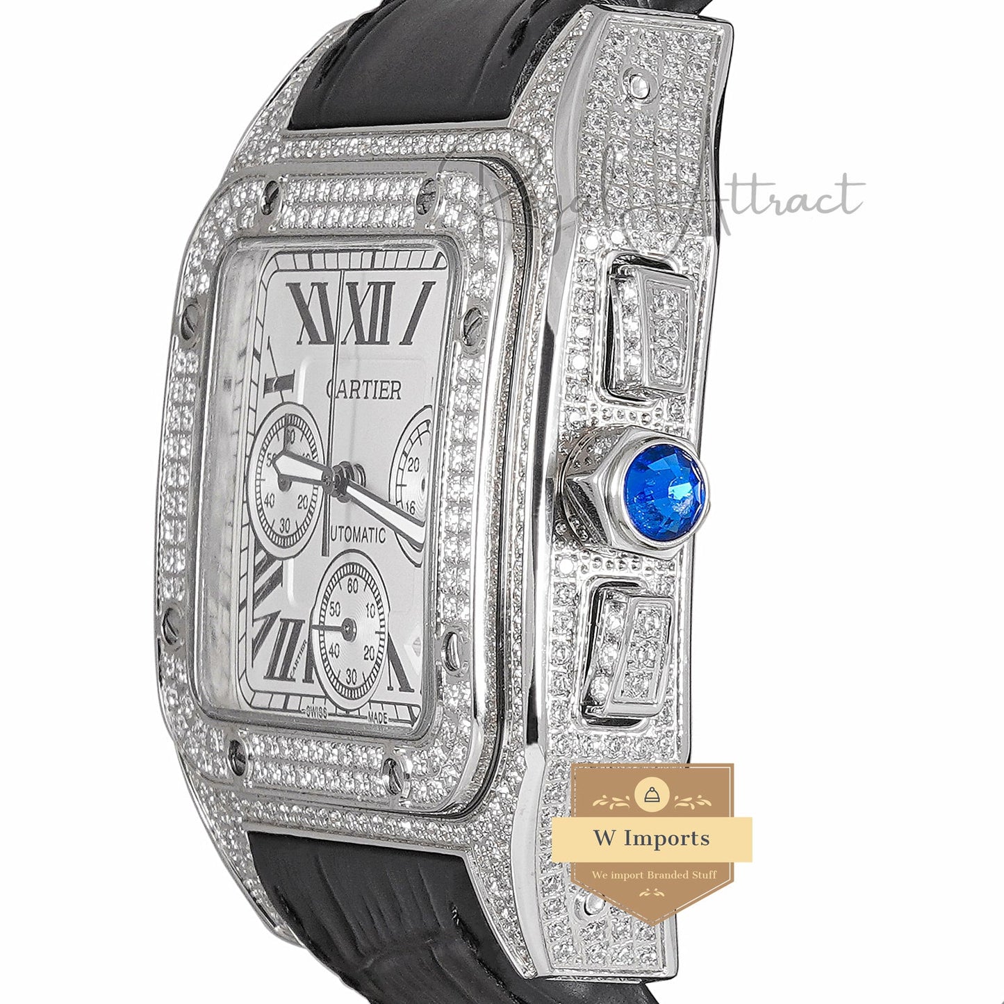 LATEST COLLECTION CHRONOGRAPH SILVER STONE CASE WITH WHITE DIAL & BLACK LEATHER STRAP