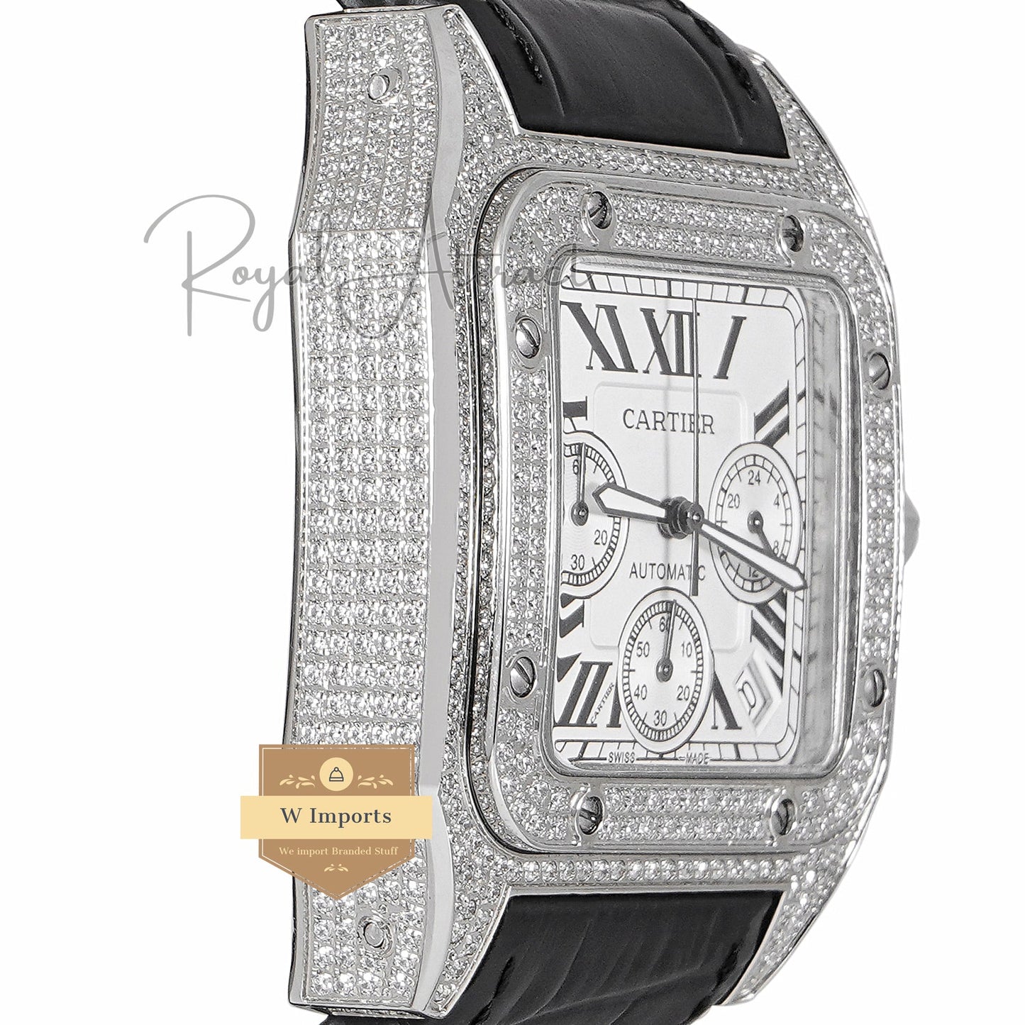 LATEST COLLECTION CHRONOGRAPH SILVER STONE CASE WITH WHITE DIAL & BLACK LEATHER STRAP