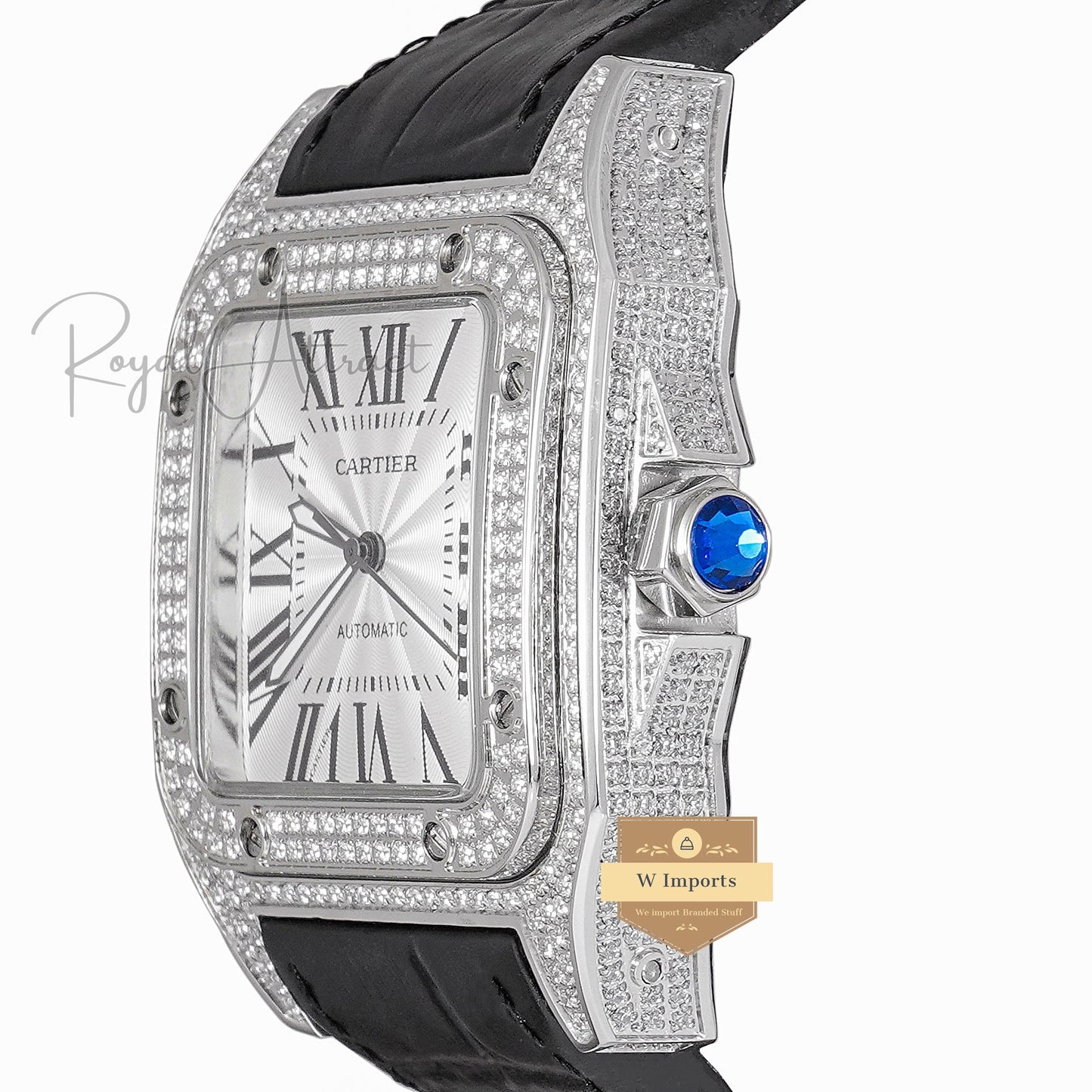 LATEST COLLECTION SILVER STONE CASE WITH WHITE DIAL & BLACK LEATHER STRAP