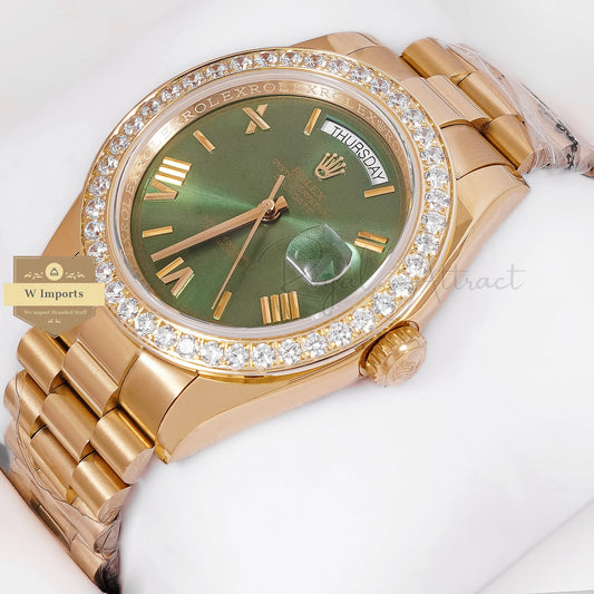 LATEST COLLECTION 40 YELLOW GOLD WITH GREEN DIAL STONE BEZEL ZR FACTORY