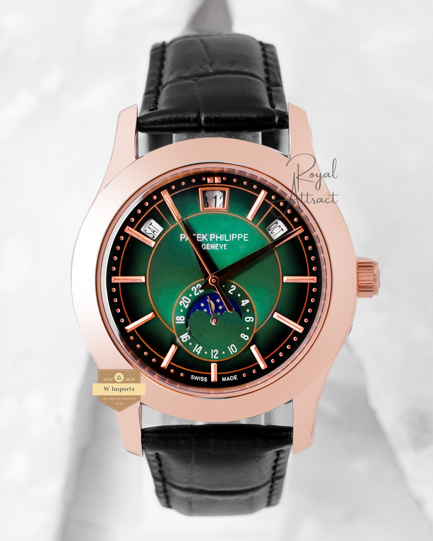 Latest Collection Moon Phase Rose Gold Case With Smoky Green Dial & Leather Strap