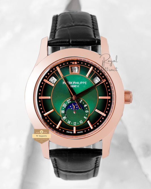 Latest Collection Moon Phase Rose Gold Case With Smoky Green Dial & Leather Strap