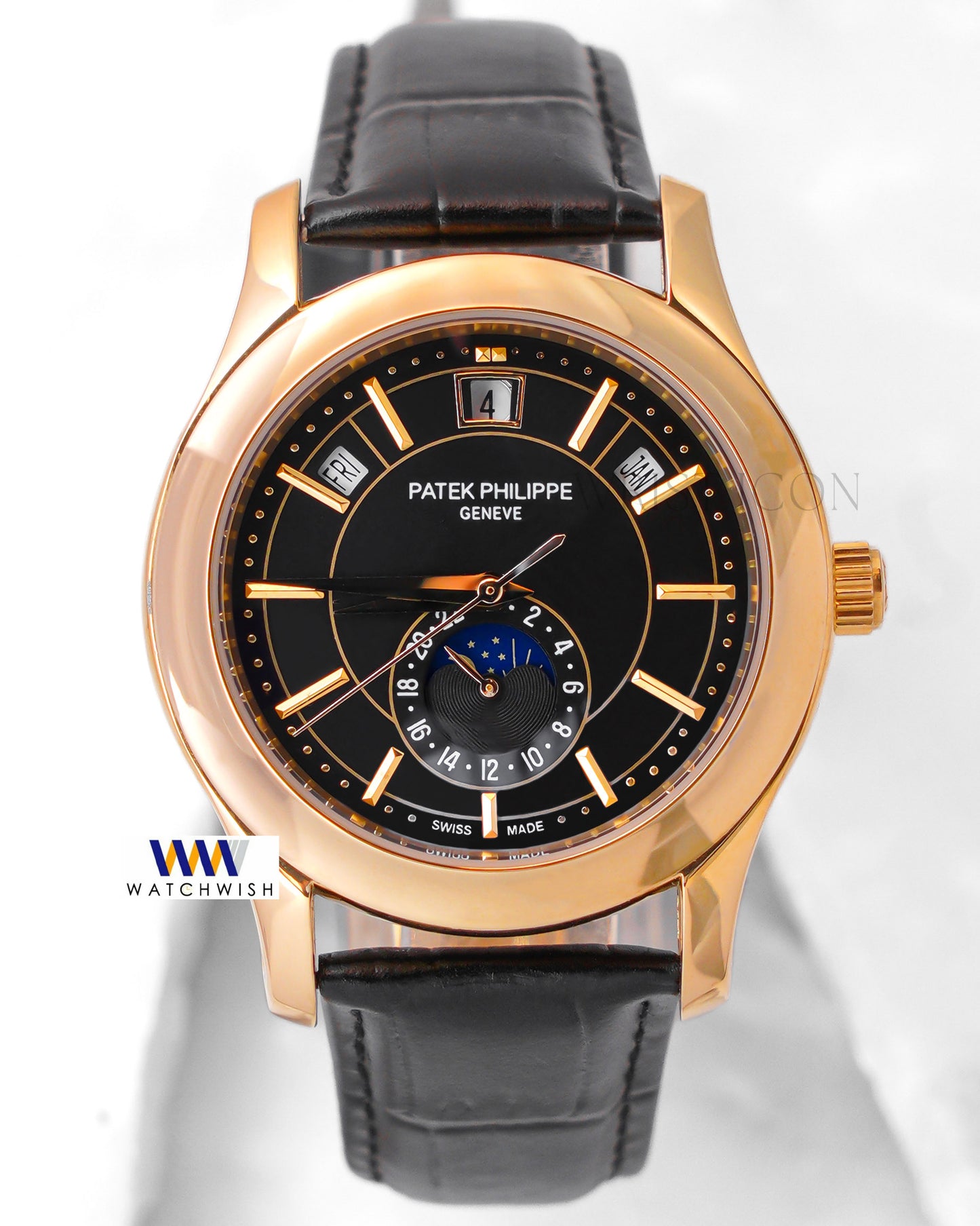 Latest Collection Moon phase Yellow Gold Case With Black Dial & Leather Strap