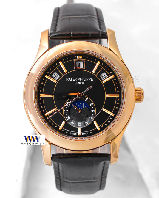 Latest Collection Moon phase Yellow Gold Case With Black Dial & Leather Strap
