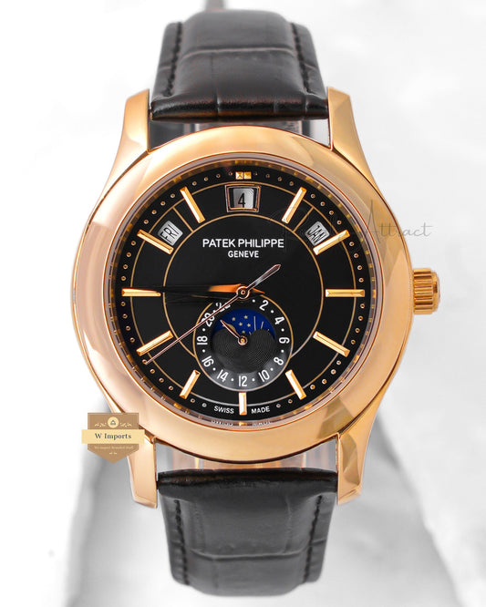 Latest Collection Moon phase Yellow Gold Case With Black Dial & Leather Strap