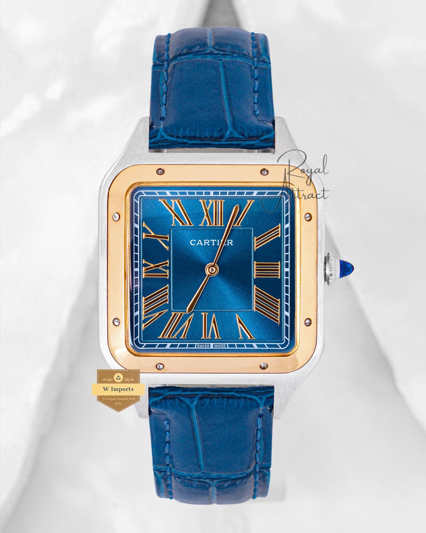 Latest Collection Silver Case With Blue Dial Golden Bezel Leather Strap Watch For Men