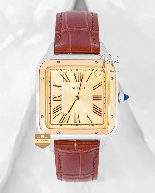 Latest Collection Silver Case With Yellow Gold Dial & Bezel Leather Strap