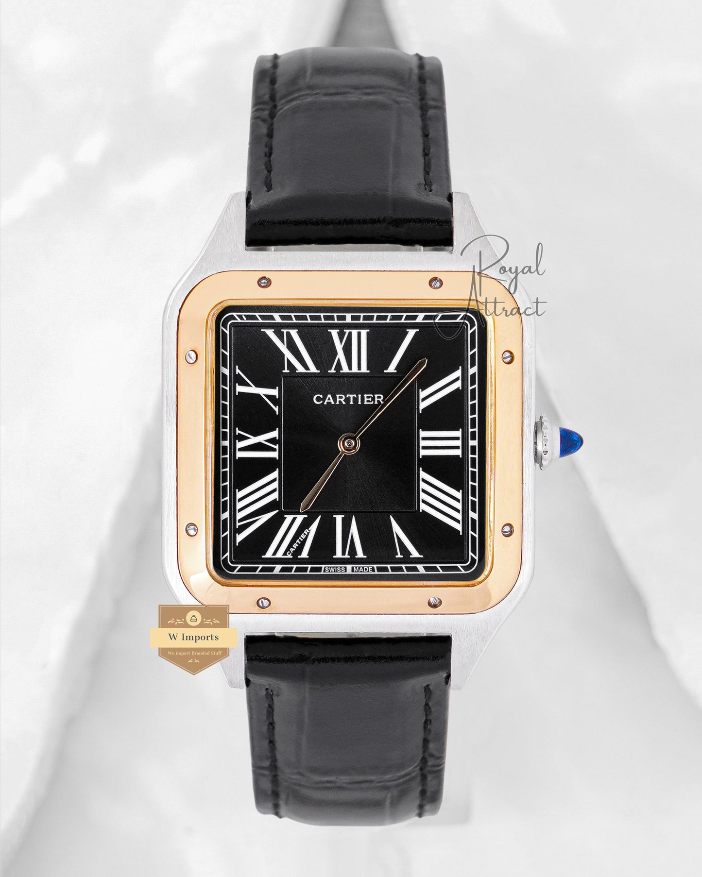Latest Collection Silver Case With Black Dial Golden Bezel Leather Strap Watch For Men