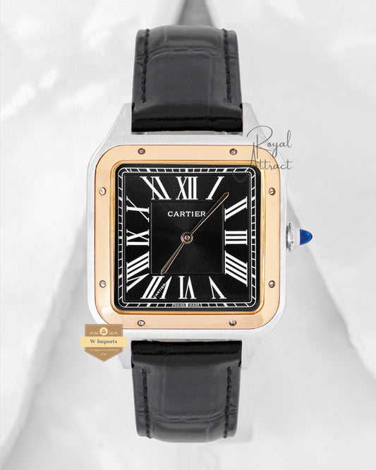 Latest Collection Silver Case With Black Dial Golden Bezel Leather Strap Watch For Men