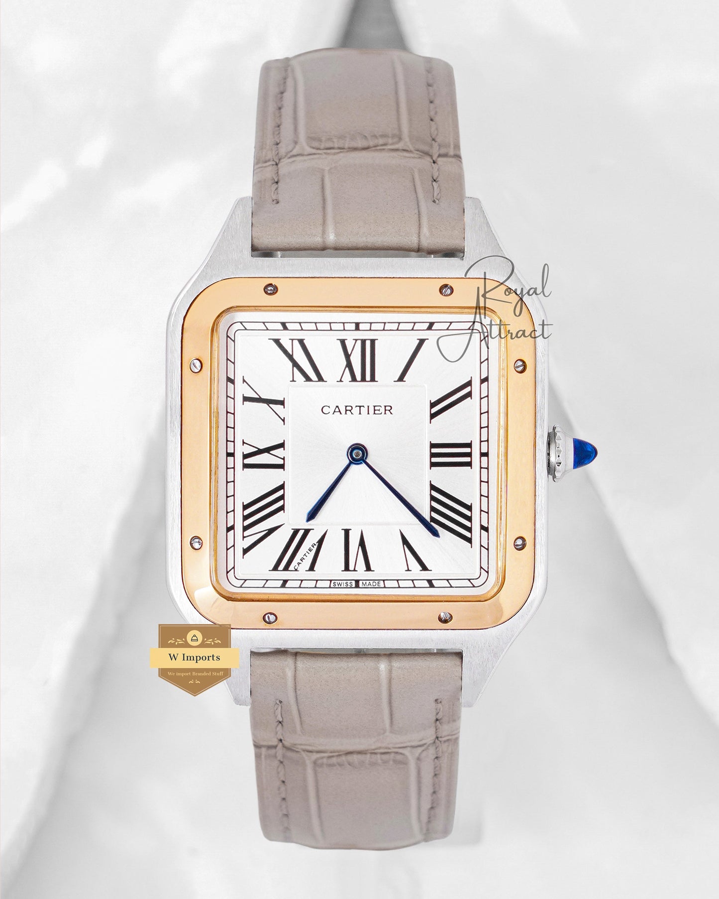 Latest Collection Silver Case With Dial Gold Bezel And Leather Strap