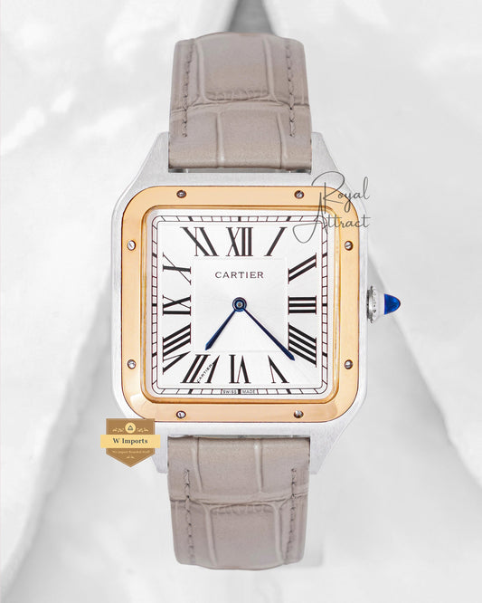 Latest Collection Silver Case With Dial Gold Bezel And Leather Strap