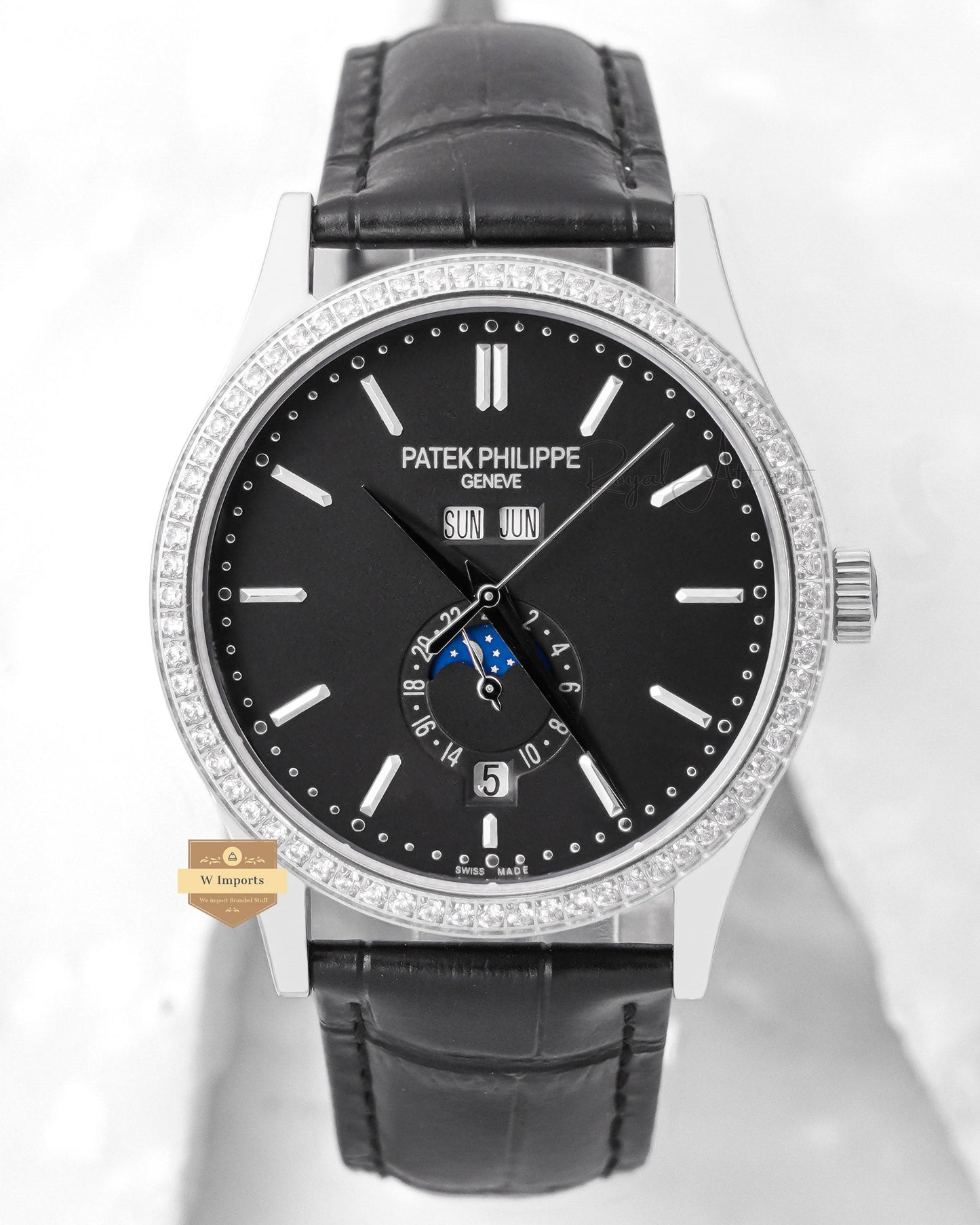 Latest Collection Annual Calendar Moon phase Silver Case With Black Dial Stone Bezel & Leather Strap