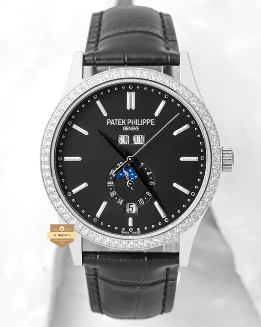 Latest Collection Annual Calendar Moon phase Silver Case With Black Dial Stone Bezel & Leather Strap