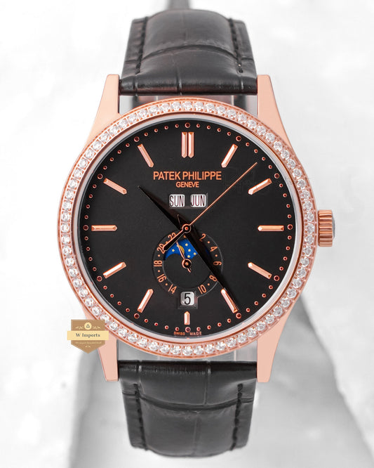 LATEST COLLECTION ANNUAL CALENDAR MOON PHASE ROSE GOLD CASE WITH BLACK DIAL STONE BEZEL & LEATHER STRAP