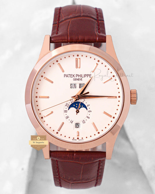 LATEST COLLECTION ANNUAL CALENDAR MOON PHASE ROSE GOLD CASE WITH WHITE DIAL & LEATHER STRAP