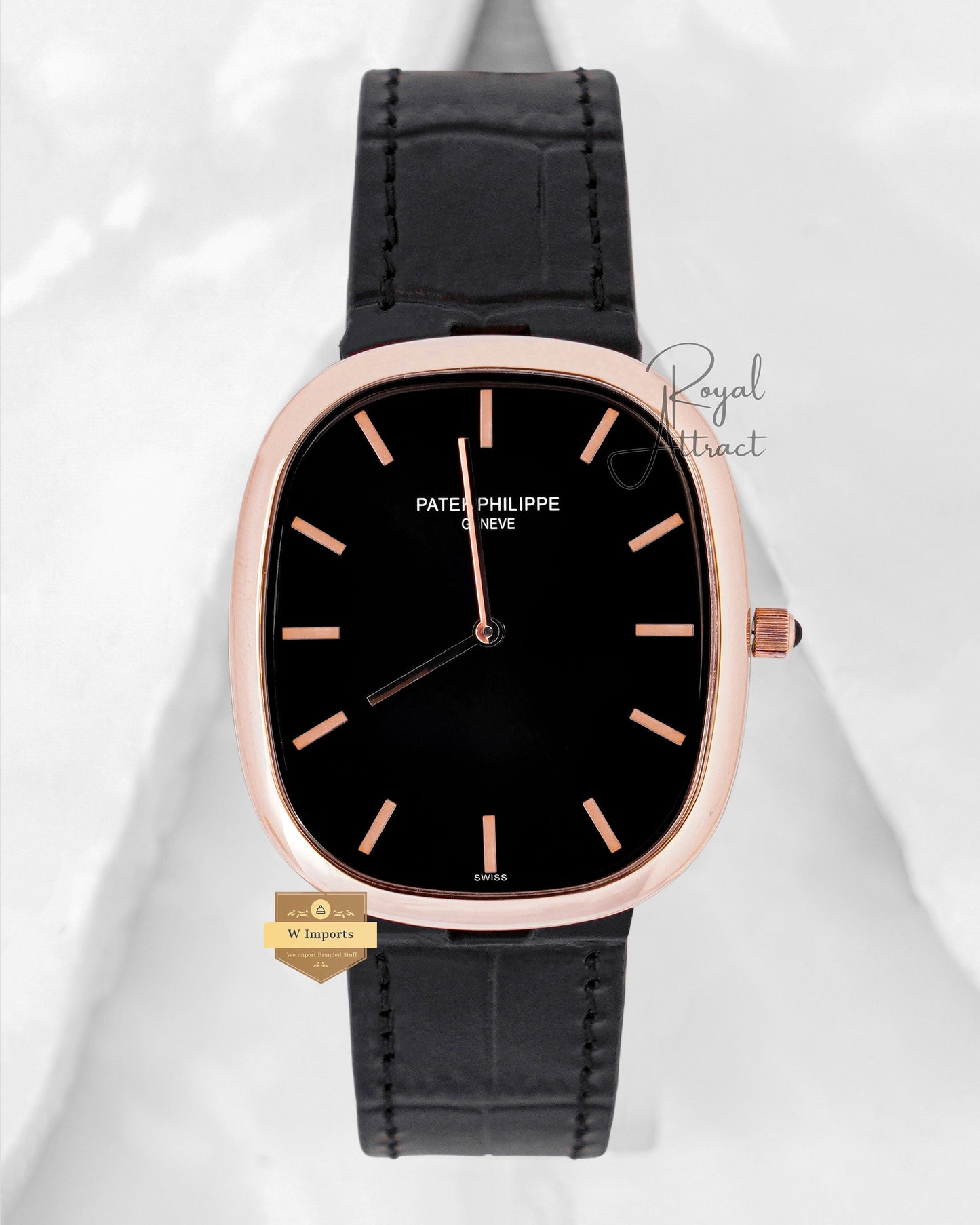 Latest Collection Rose Gold Case With Black Dial & Leather Strap