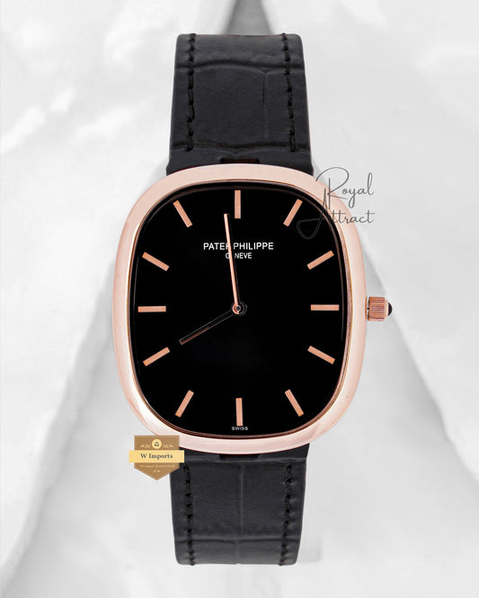 Latest Collection Rose Gold Case With Black Dial & Leather Strap
