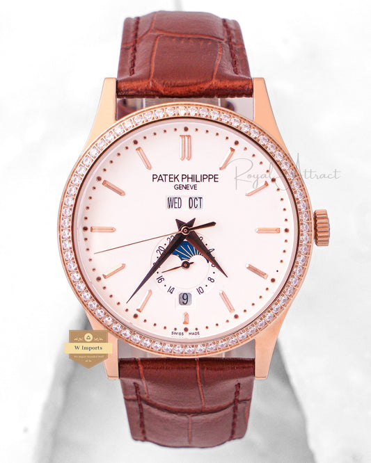 LATEST COLLECTION ANNUAL CALENDAR MOON PHASE ROSE GOLD CASE WITH WHITE DIAL STONE BEZEL & LEATHER STRAP