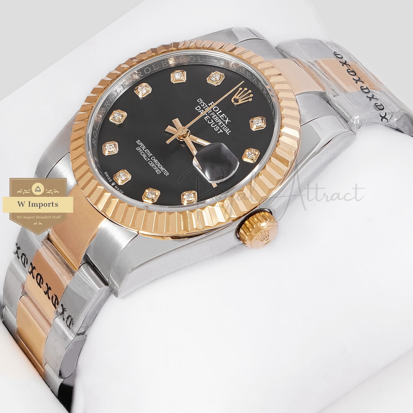 LATEST COLLECTION 36 TWO TONE YELLOW GOLD WITH BLACK DIAL STONE INDEX AUTOMATIC WATCH ZR FACTORY