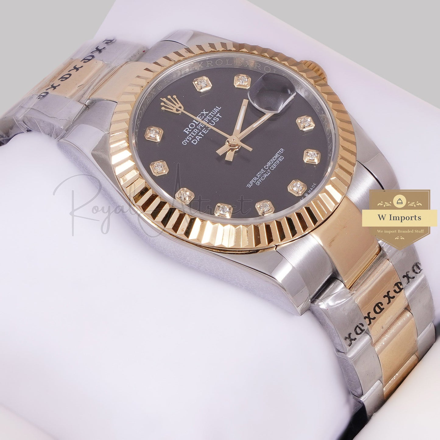 LATEST COLLECTION 36 TWO TONE YELLOW GOLD WITH BLACK DIAL STONE INDEX AUTOMATIC WATCH ZR FACTORY