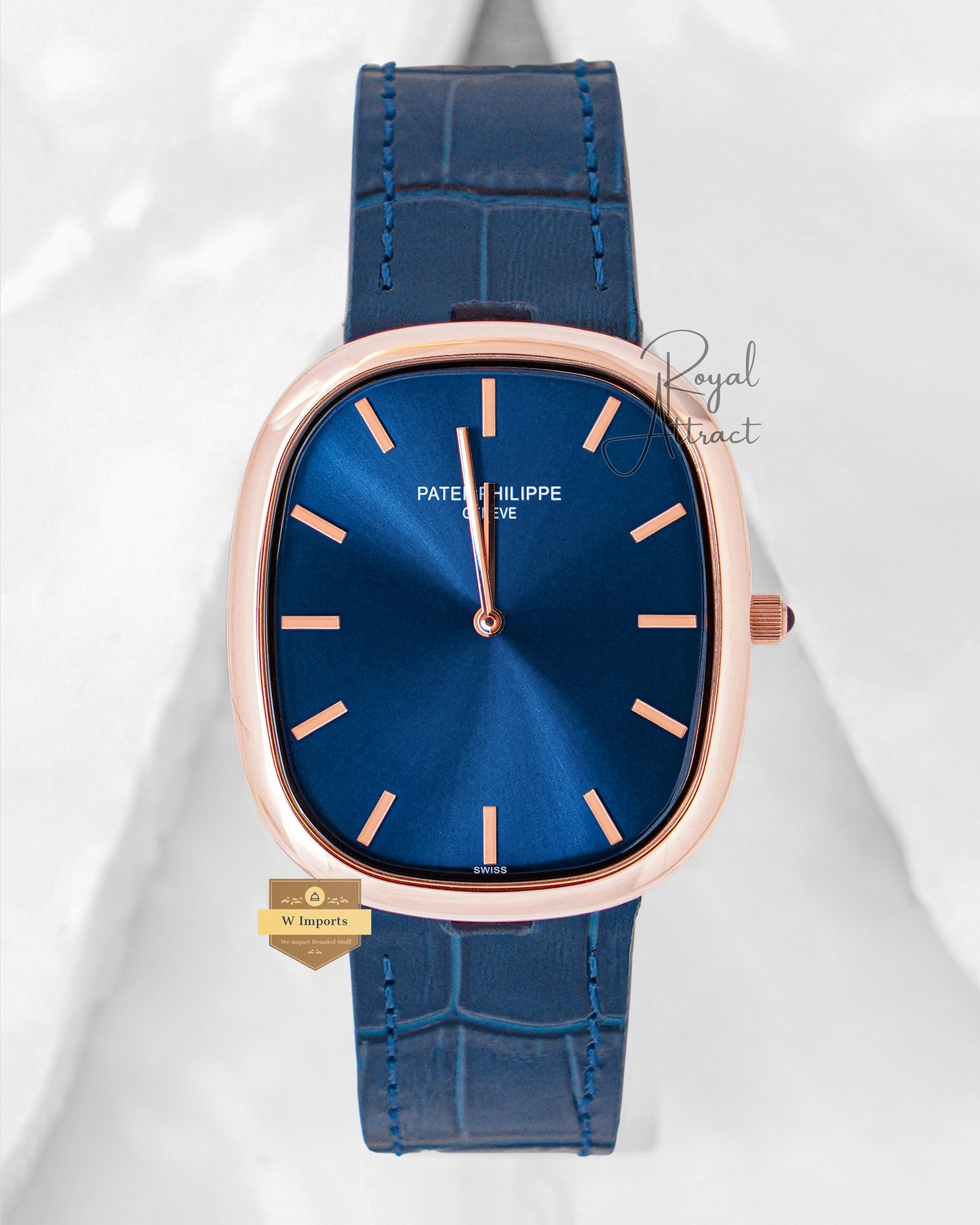 Latest Collection Rose Gold Case With Blue Dial & Leather Strap