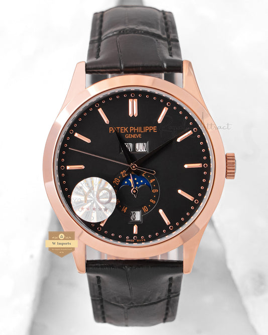 LATEST COLLECTION MOON PHASE ROSE GOLD CASE WITH BLACK DIAL & LEATHER STRAP