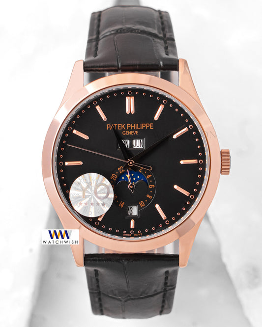 Latest Collection Moon Phase Rose Gold Case With Black Dial & Leather Strap