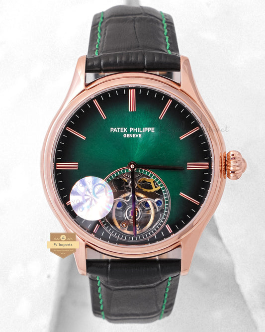 Latest Collection Tourbillon Rose Gold Case With Green Dial & Black Leather Strap