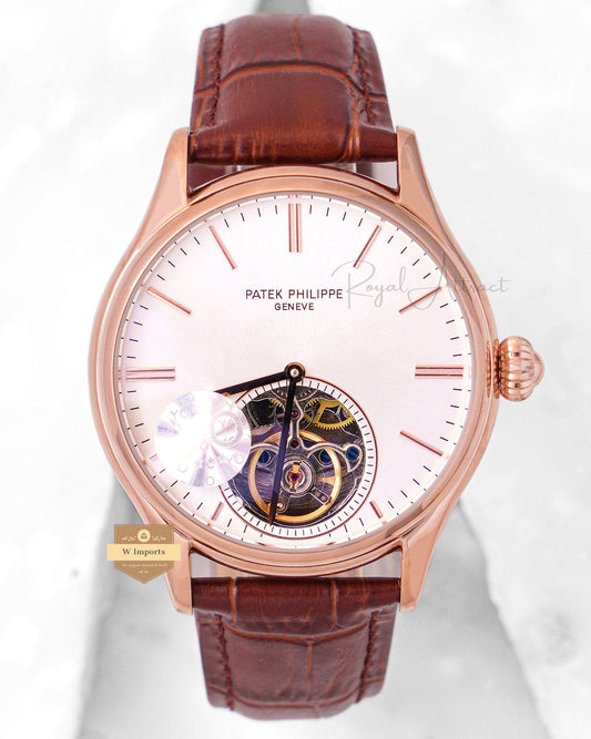 Latest Collection Tourbillon Rose Gold Case With White Dial & Brown Leather Strap