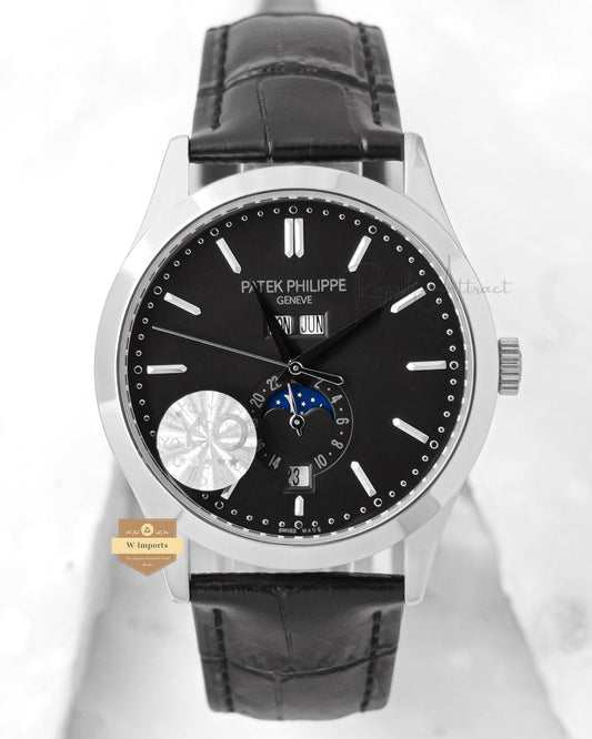 LATEST COLLECTION MOON PHASE SILVER CASE WITH BLACK DIAL & LEATHER STRAP
