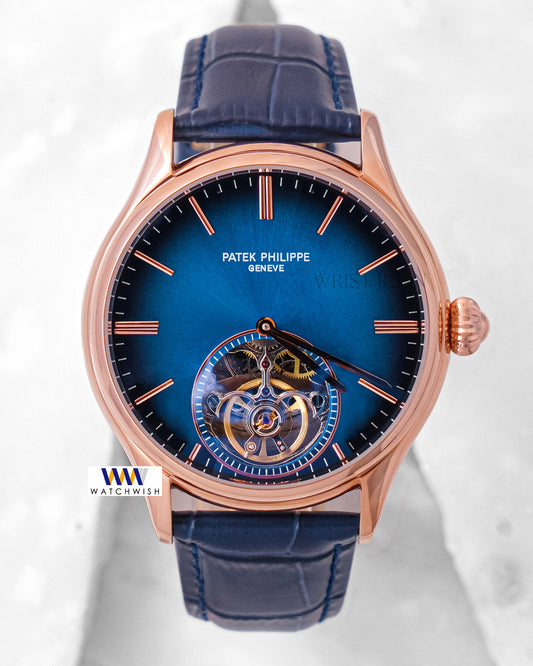 Latest Collection Tourbillon Rose Gold Case With Blue Dial & Leather Strap