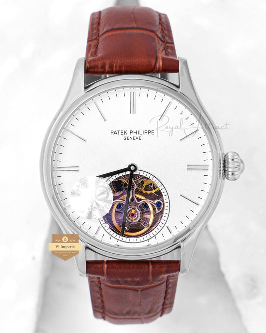 LATEST COLLECTION TOURBILLON SILVER CASE WITH WHITE DIAL & BROWN LEATHER STRAP