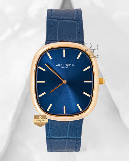 Latest Collection Yellow Gold Case With Blue Dial & Leather Strap