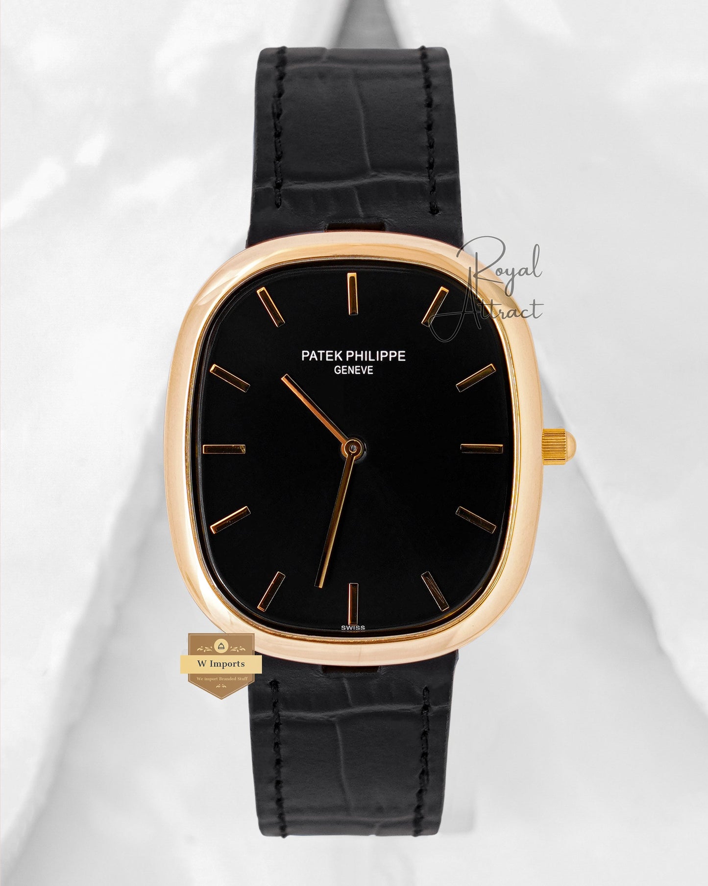 Latest Collection Yellow Gold Case With Black Dial & Leather Strap