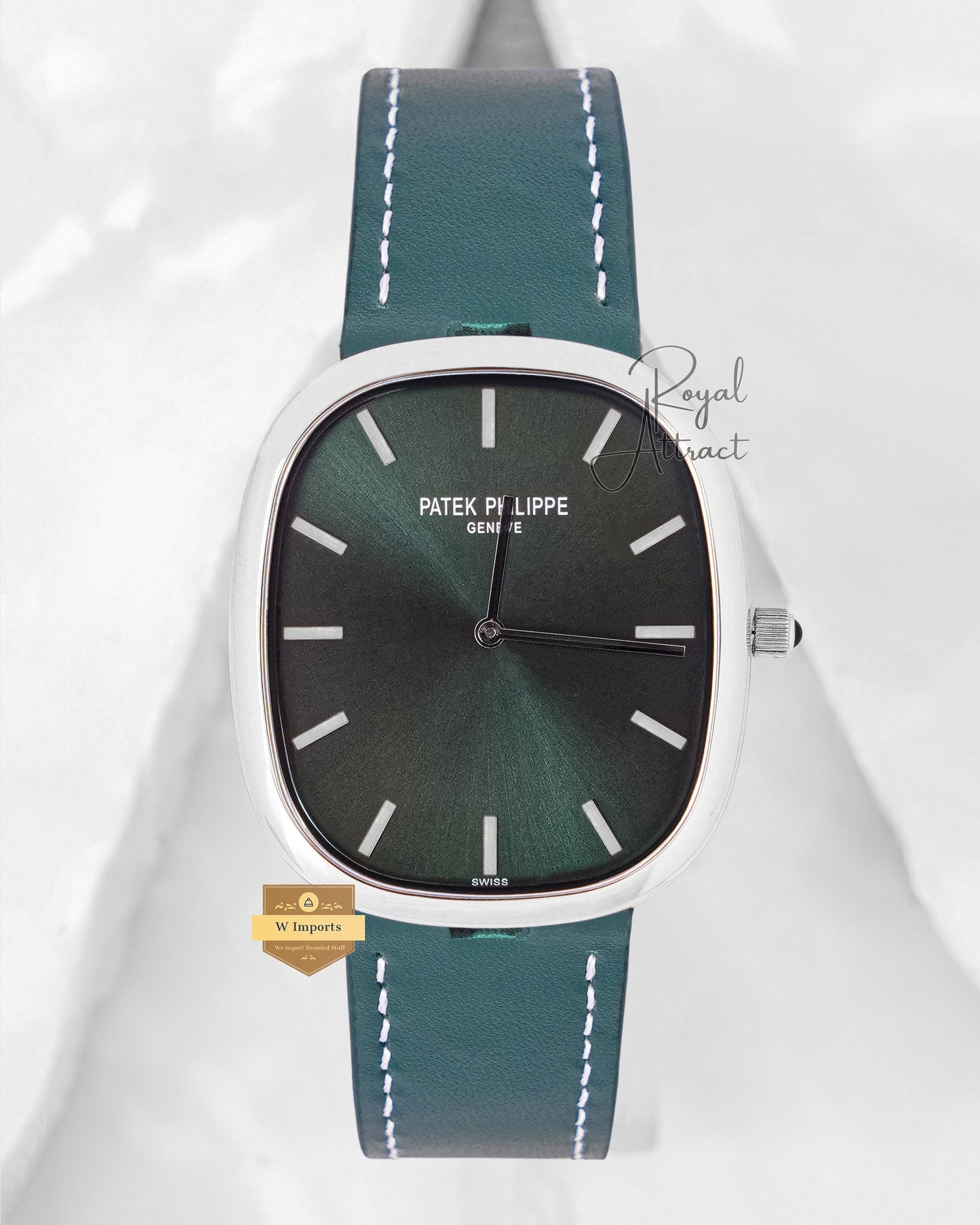 Latest Collection Silver Case With Green Dial & Leather Strap