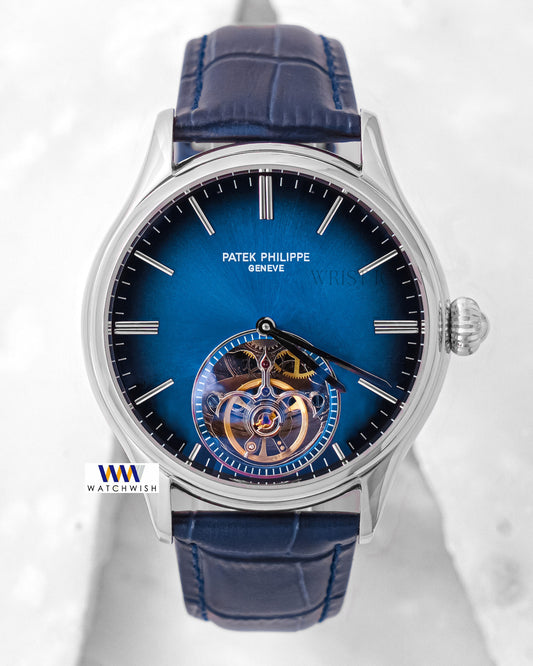 Latest Collection Tourbillon Silver Case With Blue Dial & Leather Strap
