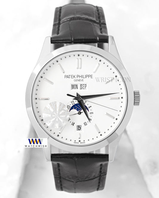 LATEST COLLECTION MOON PHASE SILVER CASE WITH WHITE DIAL & LEATHER STRAP