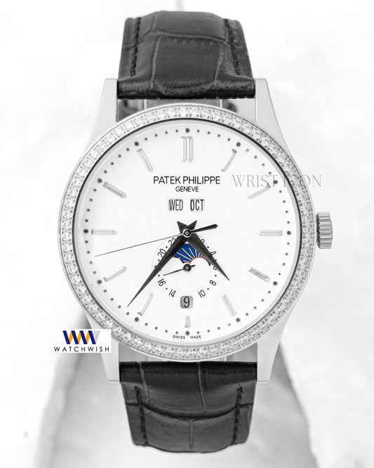 LATEST COLLECTION ANNUAL CALENDAR MOON PHASE SILVER CASE WITH WHITE DIAL STONE BEZEL & LEATHER STRAP