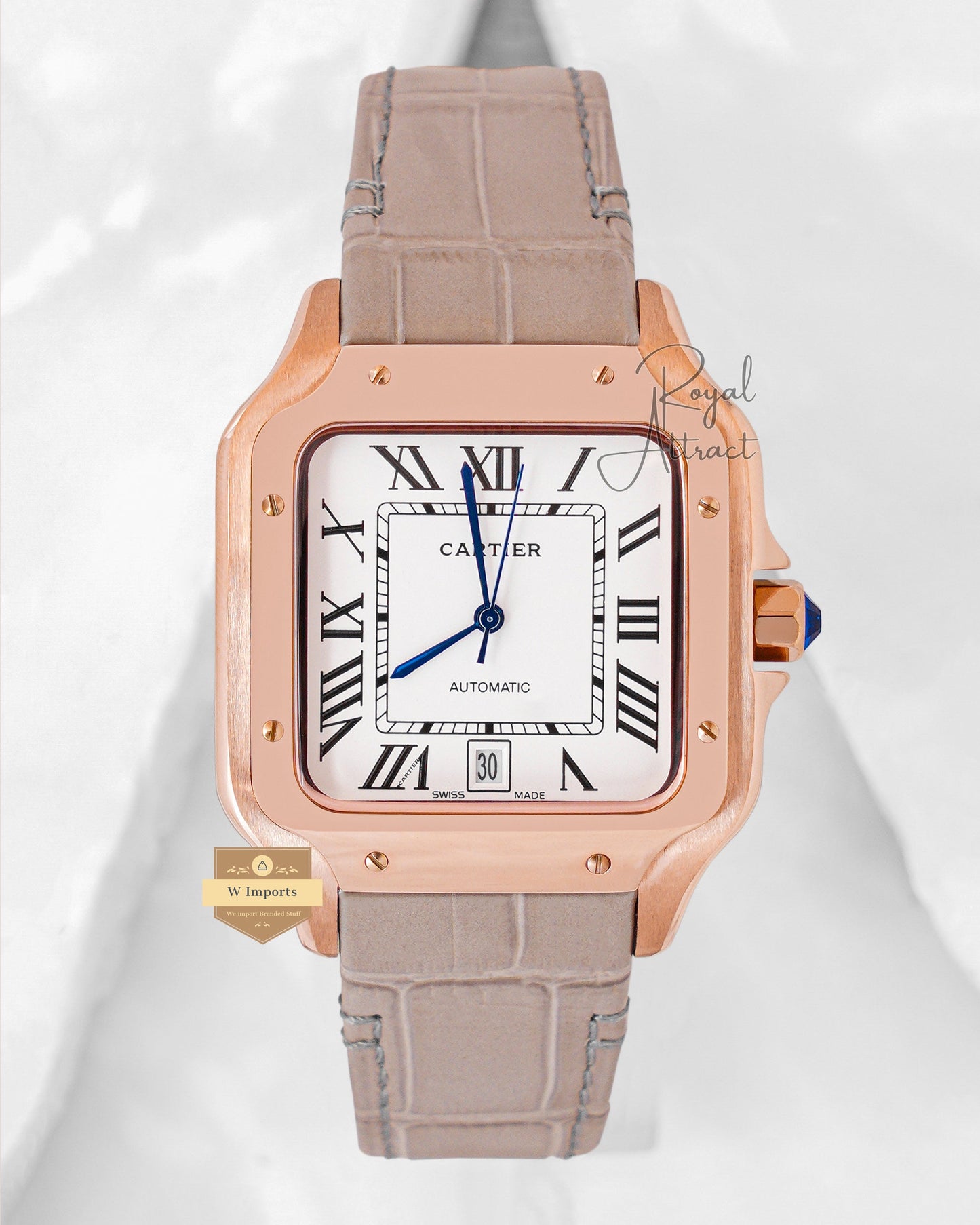 Latest Collection Rose Gold Case With White Dial & Gray Leather Strap