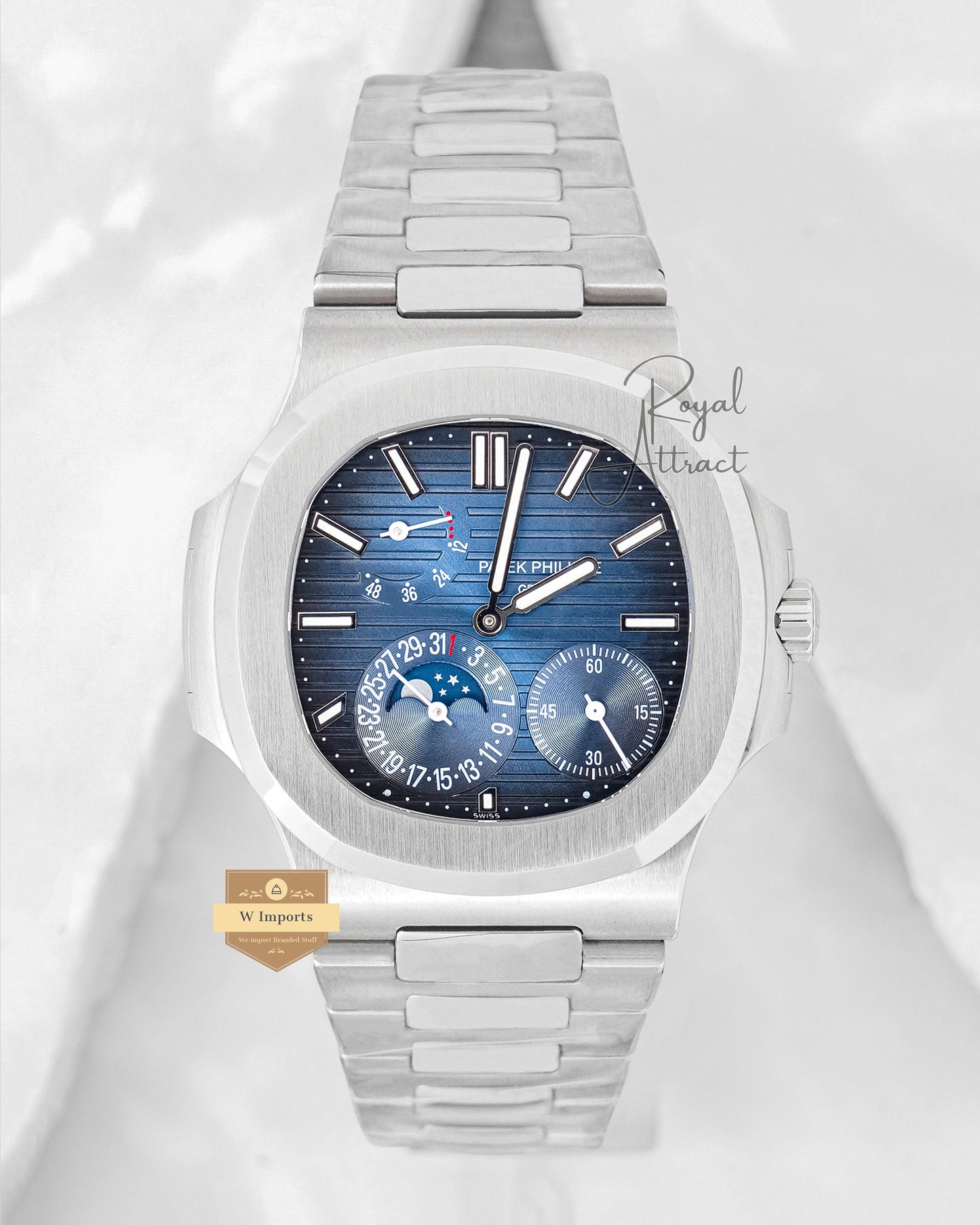 Premium Collection Chronograph Moon Phase Silver With Blue Dial Automatic Watch