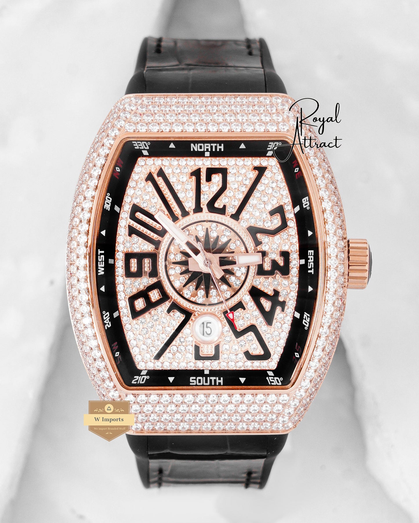 Latest Collection Rose Gold Stone Case With Dial And Black Leather Strap