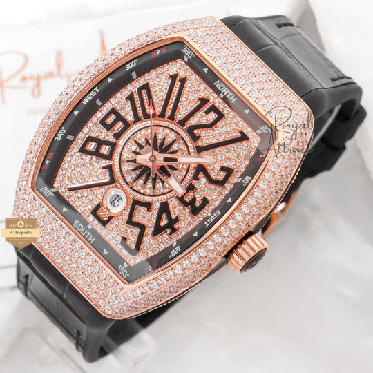 Latest Collection Rose Gold Stone Case With Dial And Black Leather Strap