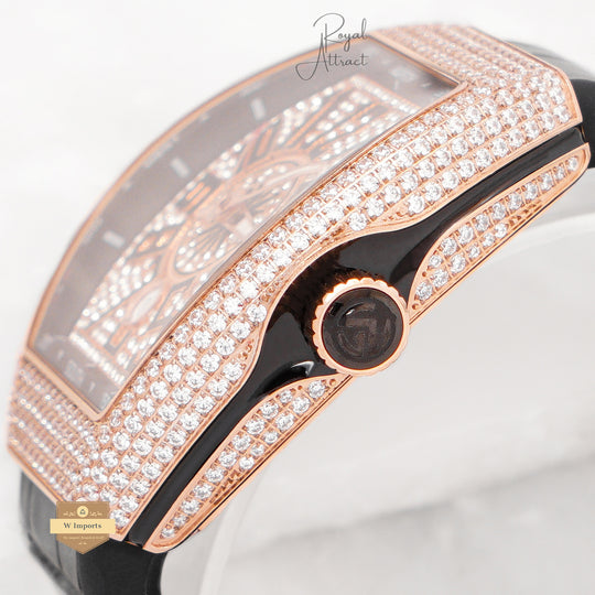 Latest Collection Rose Gold Stone Case With Dial And Black Leather Strap