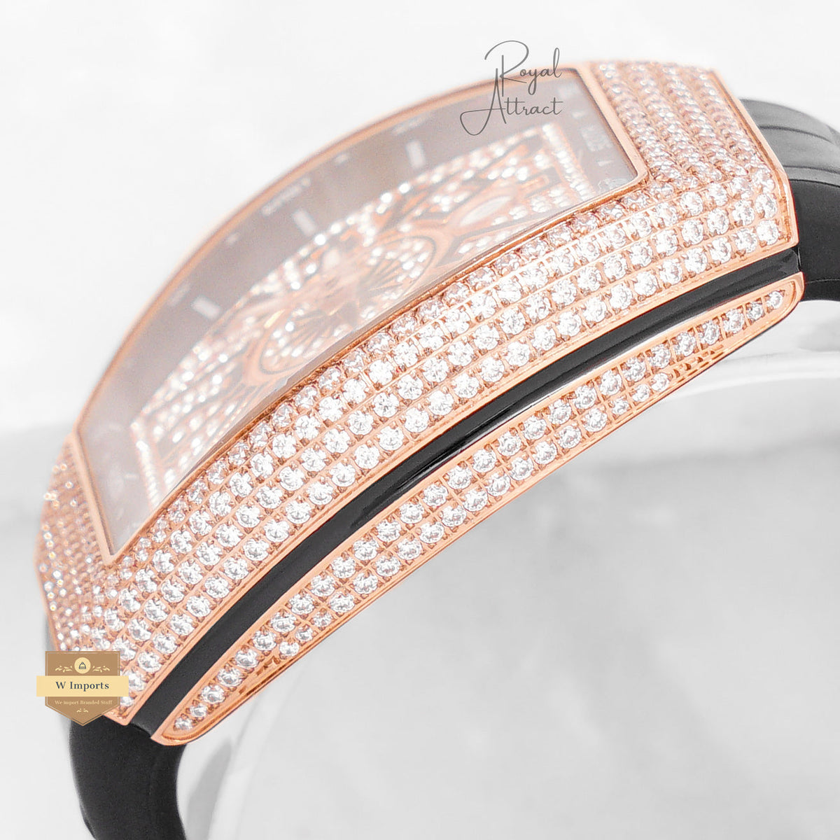 Latest Collection Rose Gold Stone Case With Dial And Black Leather Strap