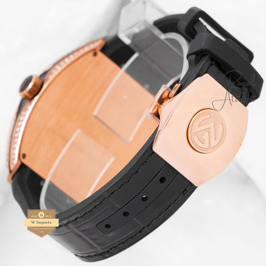 Latest Collection Rose Gold Stone Case With Dial And Black Leather Strap