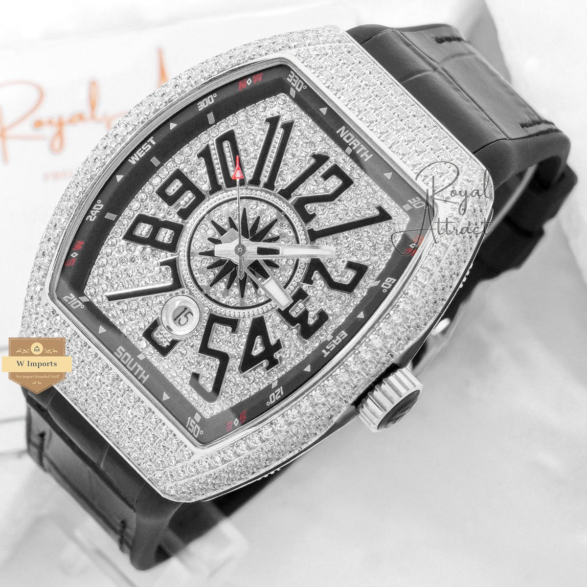 Latest Collection Silver Stone Case With Dial And Black Leather Strap