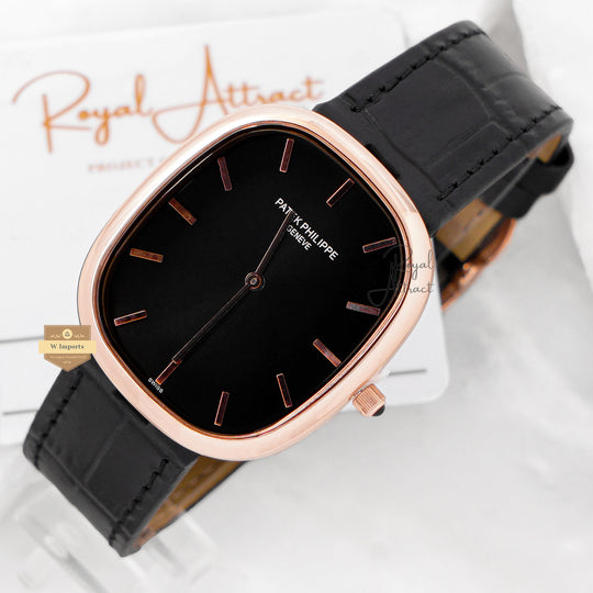 Latest Collection Yellow Gold Case With Black Dial & Leather Strap
