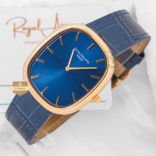 Latest Collection Yellow Gold Case With Blue Dial & Leather Strap