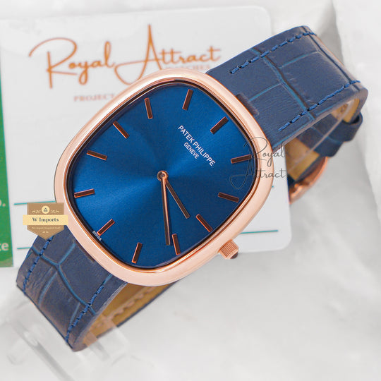 Latest Collection Rose Gold Case With Blue Dial & Leather Strap